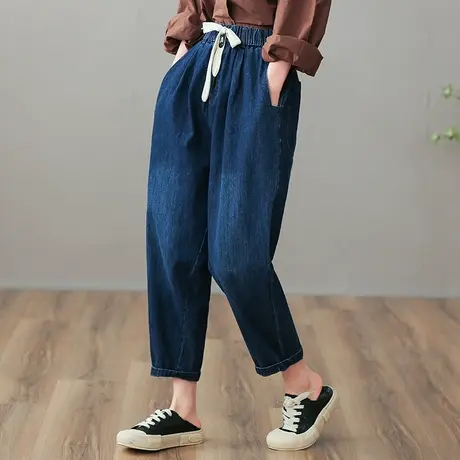dza 高腰显瘦宽松直筒牛仔裤子女春秋哈伦阔腿裤抽绳百搭休闲女裤图片