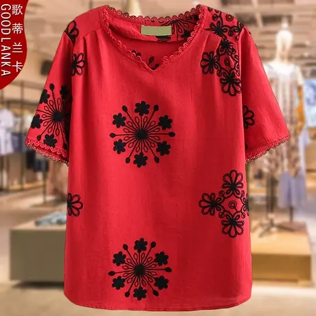 加肥加大码女中老年妈妈夏季上衣民族风刺绣棉麻小衫洋气短袖T恤商品大图
