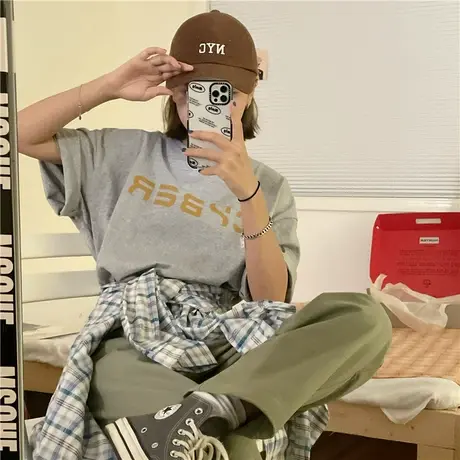 红续盐系少女港风休闲宽松百搭ins纯棉短袖T恤上衣新款韩版夏装商品大图