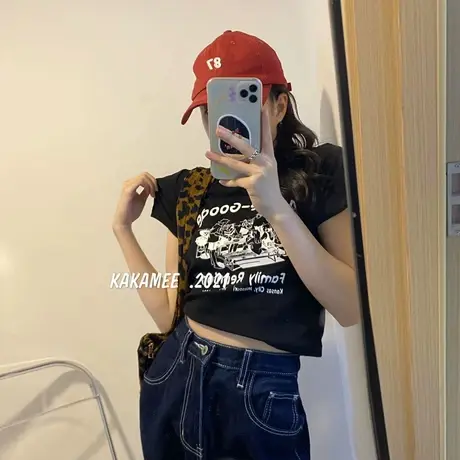 短袖t恤女2021夏季新款韩版ins潮复古印花修身显瘦高腰短款上衣服商品大图