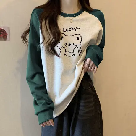 卡通印花长袖T恤女秋冬季2024新款宽松加绒加厚打底衫插肩袖上衣商品大图