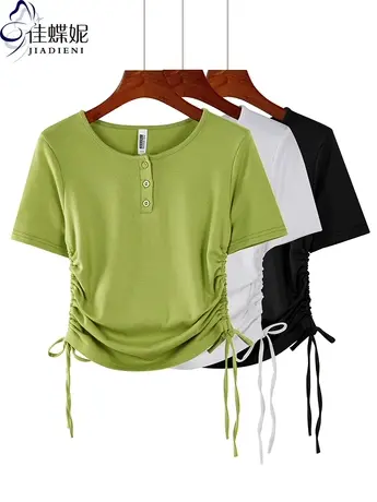 夏季新款韩版圆领纯棉修身抽绳纯色纯欲短款短袖上衣女打底衫T恤图片