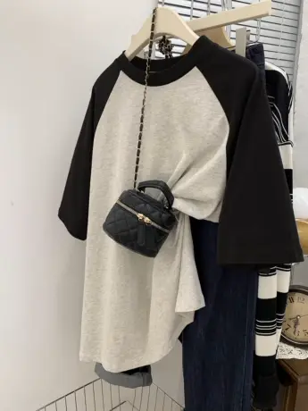 复古慵懒风T恤女纯棉ins潮高级感插肩袖短袖oversize大码休闲上衣商品大图