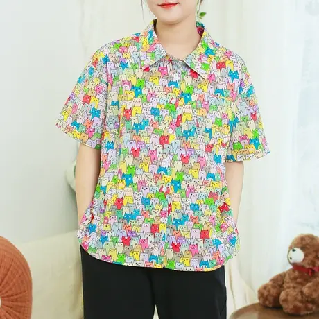 夏新品纯棉印花宽松减龄衬衫加大码文艺复古上衣商品大图