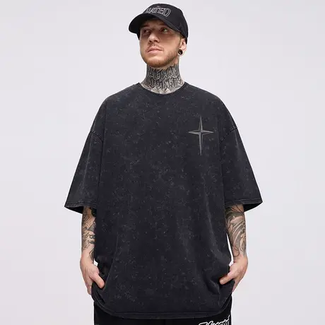 美式300g重磅复古短袖T恤男生夏季大码宽松水洗做旧胖子半袖潮流商品大图