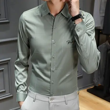 衬衫男士春秋季潮流修身ins休闲纯色长袖衬衣港风帅气百搭上衣服图片
