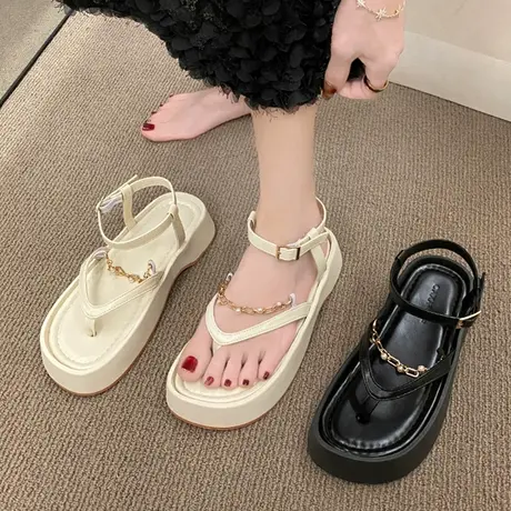 爆款复古沙滩厚底凉鞋女2023年新款夏季百搭黑色软底高级感罗马鞋商品大图