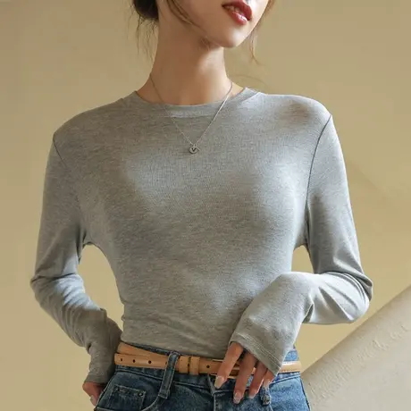 长袖打底衫女莫代尔灰色修身T恤小圆领内搭春秋款纯色高级感上衣商品大图