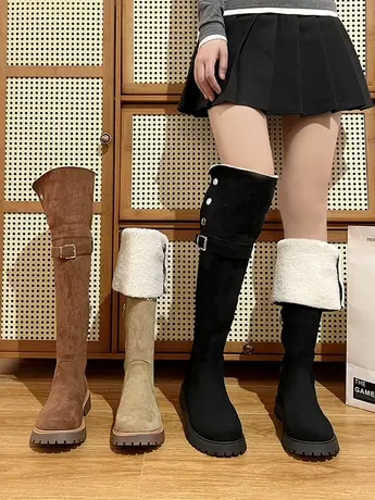 复古铆钉显瘦过膝长筒靴女2023新款厚底麂皮绒两穿高筒西部骑士靴图片