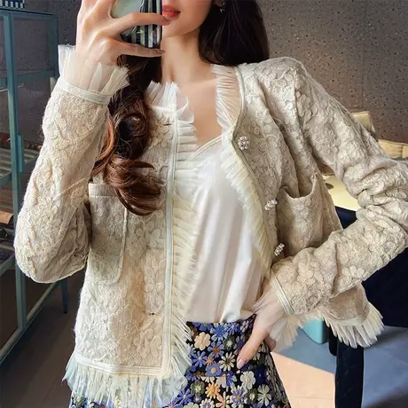 粉红大布娃娃复古提花小香风外套2022春季新款设计感网纱拼接开衫图片