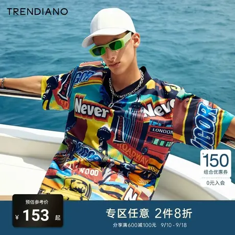 TRENDIANO官方潮牌夏季男装时尚潮流美式嘻哈上衣印花V领短袖T恤商品大图