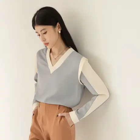 桔熊秋冬通勤V领设计感复古拼色长袖小衫漂亮的上衣女大码AB18004商品大图