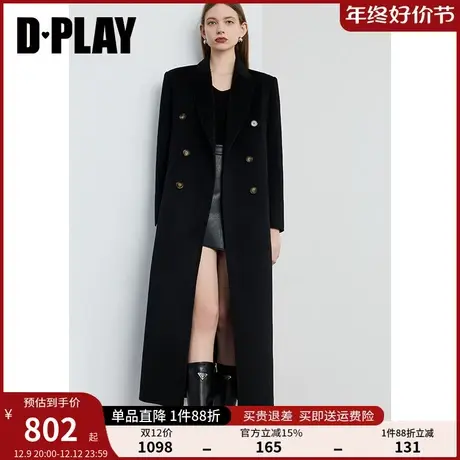 DPLAY冬通勤黑色戗驳领宽松撞色树脂扣羊毛双面呢大衣女商品大图