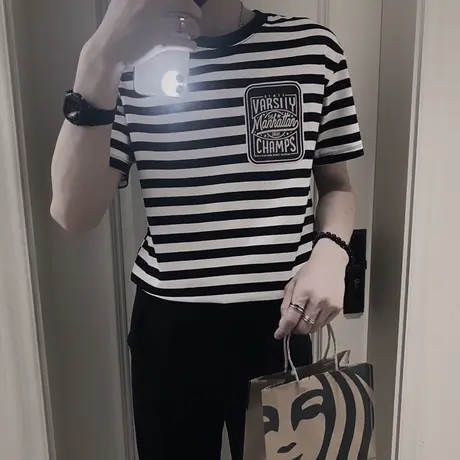 夏季男士t恤短袖上衣修身半袖潮流条纹时尚休闲个性百搭网红体恤商品大图