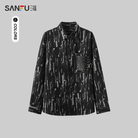 三福2024春季男士满版提花牛仔长衬衫 潮流翻领上衣男480963图片