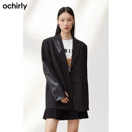 【呼呼严选专享】欧时力BF风西装外套新款秋PU皮拼接中长权力外套图片