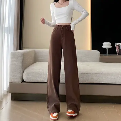 高腰阔腿加绒牛仔裤女2024冬季新款宽松直筒显瘦百搭垂感拖地裤子商品大图