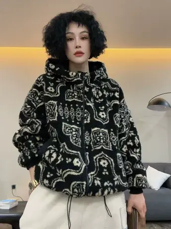 冬季复古青花瓷短外套女连帽两面穿加绒加厚羊羔绒加厚棉服棉衣潮图片