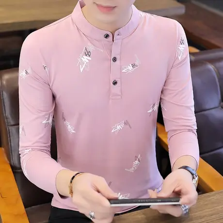 立领男士Polo衫韩版修青年时尚休闲长袖T恤纯棉秋季加绒潮上衣服图片