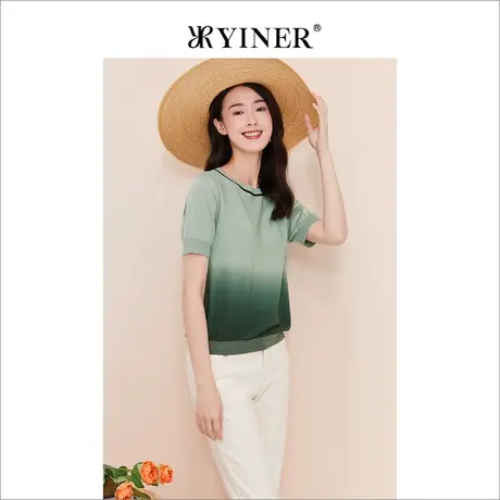 YINER音儿线上专选女装2023夏季渐变圆领短袖针织衫套头上衣商品大图