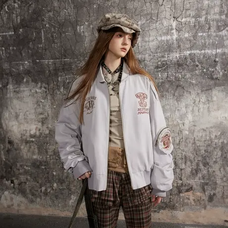 美式街头风棒球服外套女春秋2024新款复古设计感情侣宽松夹克上衣图片