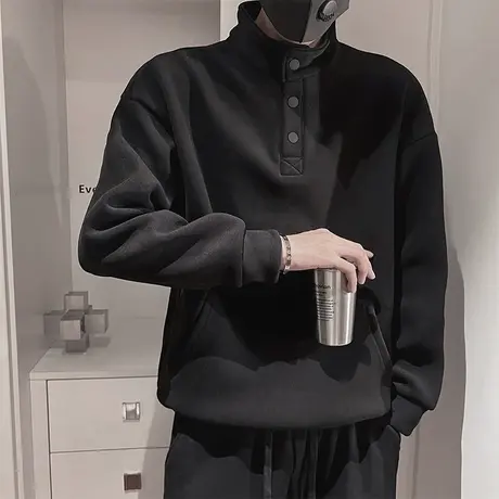 纯色卫衣男春季2024新款重磅宽松休闲上衣POLO领长袖内搭t恤衫商品大图