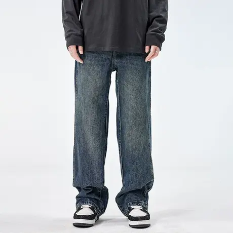 深蓝色微喇叭牛仔裤男潮牌宽松直筒美式休闲高街裤子高个子加长版商品大图