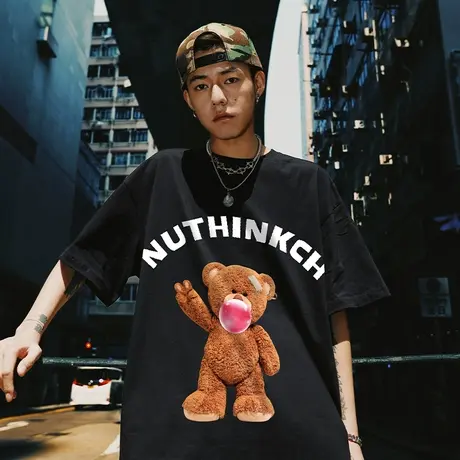 Nuthink美式可爱小熊短袖T恤男潮中性风潮牌潮流大码宽松半袖夏季商品大图