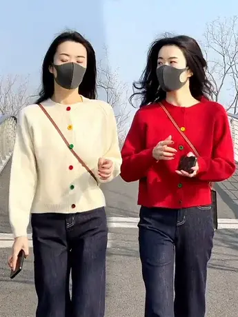 2024春季新款减龄气质彩虹单排扣圆领针织开衫慵懒风小众ins毛衣图片