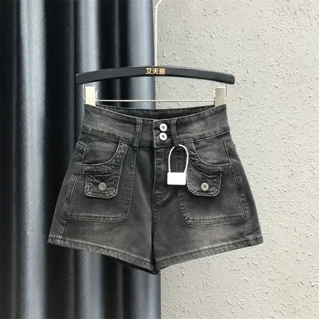 2024春夏新款黑色复古洗水牛仔短裤女高腰显瘦弹力a字阔腿裤热裤图片