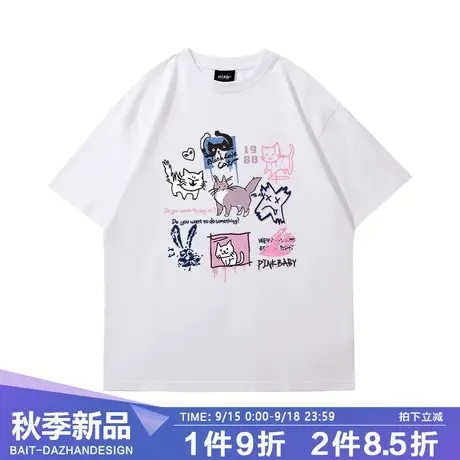 情侣装t恤高级感国潮短袖ins风涂鸦可爱猫咪白色落肩潮牌上衣夏季商品大图