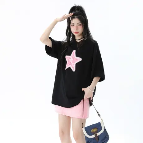 潮牌星星印花短袖t恤女夏季2024新款纯棉复古半袖宽松情侣装上衣图片