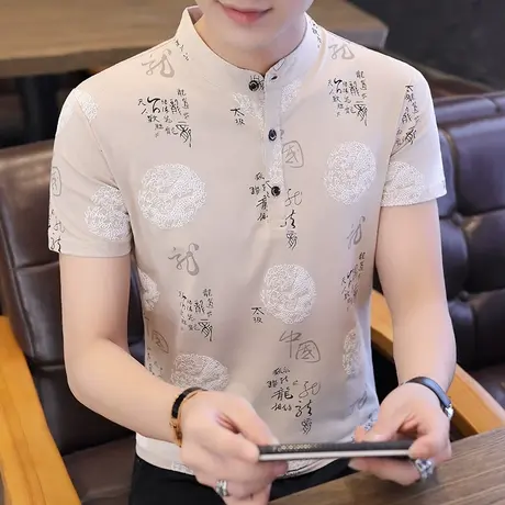 中国风纯棉立领Polo衫男士韩版修身夏季新款半袖青年短袖T恤潮流商品大图