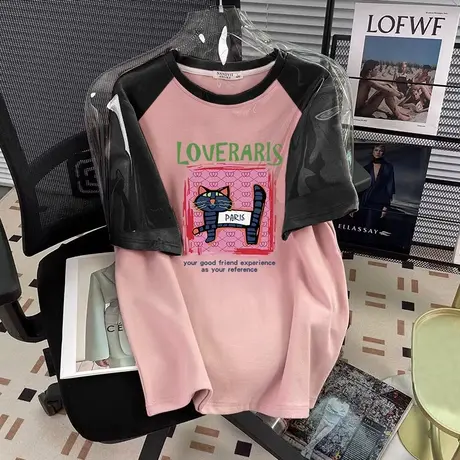 夏季甜酷上衣女oversize大码纯棉插肩袖复古T恤ins潮小众撞色短袖图片