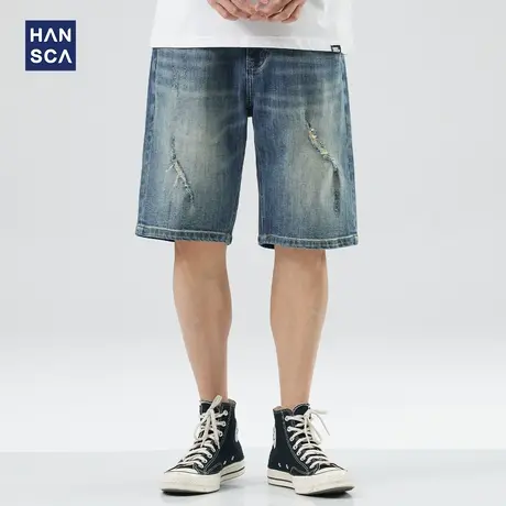 hansca破洞牛仔短裤男款宽松直筒夏季潮牌水洗休闲复古弹力五分裤商品大图