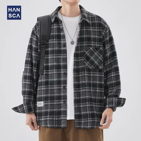 hansca翻领长袖毛呢衬衫男春季新款美式复古潮牌宽松休闲衬衣外套商品大图