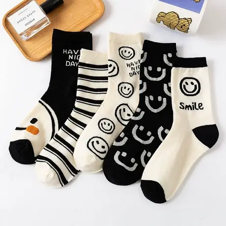 条纹袜子女ins潮中筒袜日系可爱秋冬笑脸学生袜韩版学院风黑白色商品大图