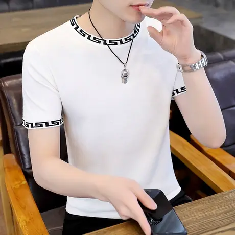 夏天圆领男款冰丝短袖t恤薄款舒适夏装滑料凉感针织提花时尚上衣商品大图