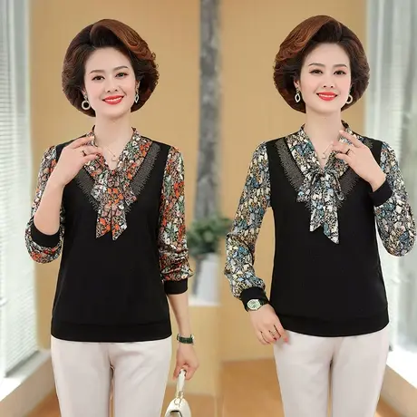 中老年人女七分袖雪纺衫系带打底衫中年妈妈洋气领结碎花上衣小衫商品大图