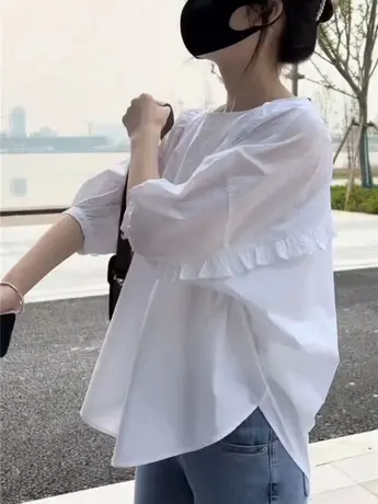 白色衬衫女泡泡袖上衣短袖宽松后背系带法式清新甜美上衣波点衬衣商品大图