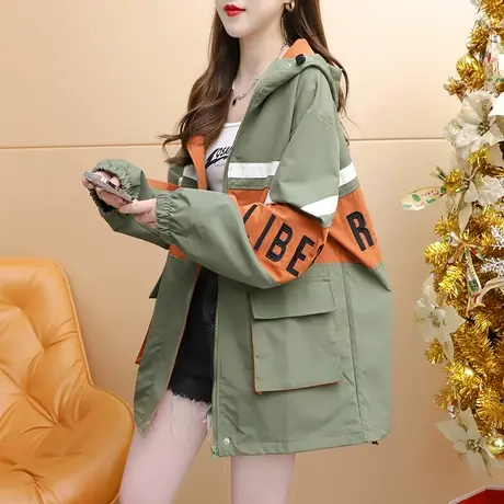 减10】宽松休闲连帽工装外套女2023新款早秋洋气网红设计感派克服商品大图