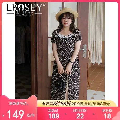 蓝若水大码法式方领碎花长裙夏季新款胖MM泡泡袖开叉雪纺连衣裙女图片