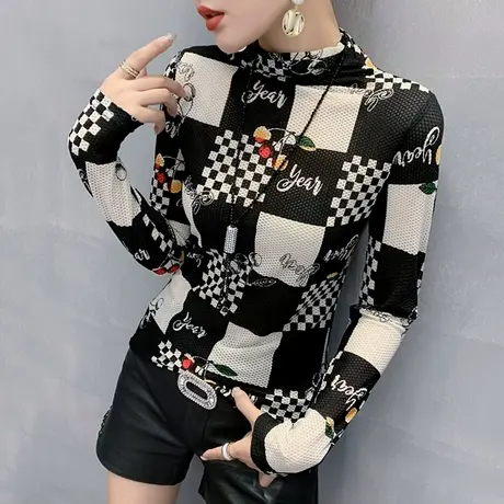 半高领打底衫女秋冬时尚印花T恤女长袖显瘦洋气上衣紧身内搭小衫商品大图