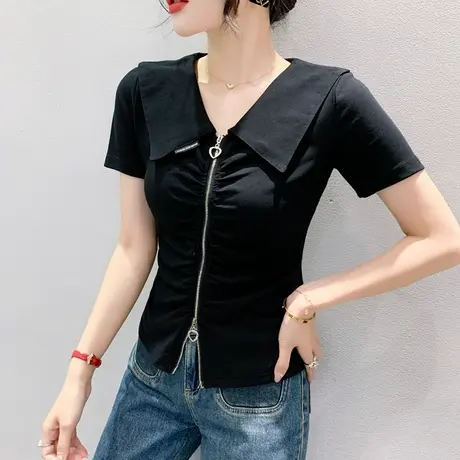 时尚拉链短袖上衣女2023夏装新款设计感娃娃领T恤紧身百搭小衫潮商品大图