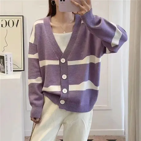 秋季2023年新款条纹毛衣开衫外套女慵懒风条纹宽松外搭网红上衣女图片