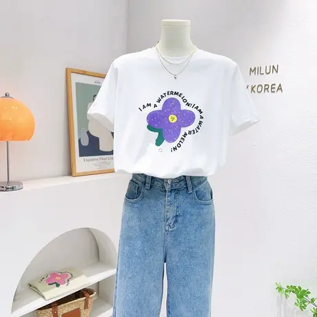 小个子显腿长短袖上衣~2023夏季韩系ins温柔花朵正肩修身纯棉T恤商品大图