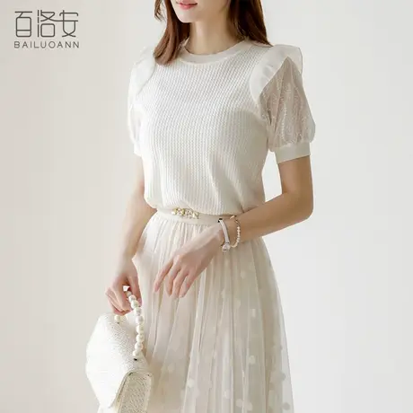 百洛安洋气减龄泡泡袖针织T恤女夏气质圆领蕾丝拼接别致小衫上衣商品大图