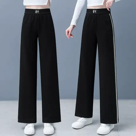 运动长裤女高腰显瘦直筒宽松休闲2023新款秋装黑色拖地垂感阔腿裤图片