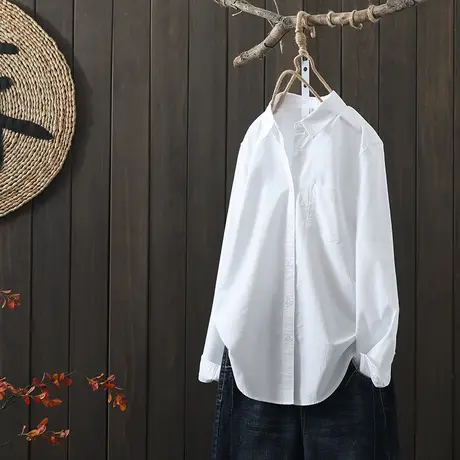 枫谜2021年春装新款文艺简约纯色长袖白衬衫女休闲百搭全棉衬衣图片