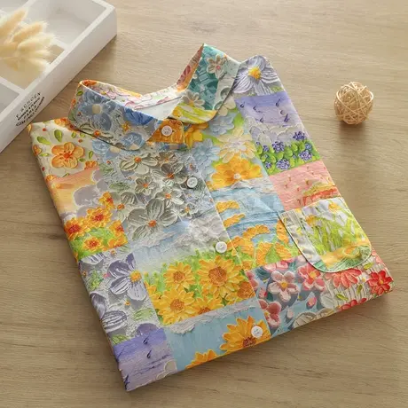 春秋装日系复古文艺油画花朵格子纯棉长袖衬衫女宽松百搭叠穿上衣商品大图